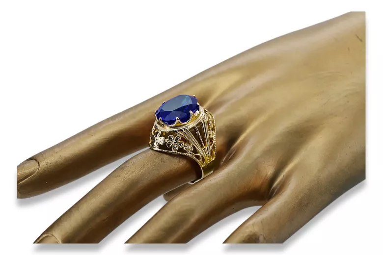 Sapphire 8 كارت من الذهب الأصفر خاتم حرف يدوية فينتاج vrc031x-sp Art Deco أسلوب مجوهرات فينتاج روسي سوفيتي من اتحاد الجمهوريات ا